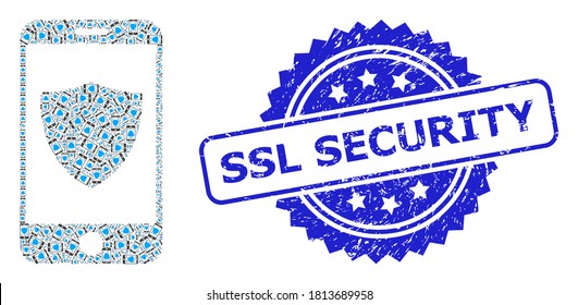 SSL Security scratched stamp seal and vector recursive mosaic smartphone shield. Blue stamp seal has SSL Security tag inside rosette.