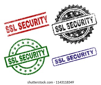 SSL SECURITY seal prints with damaged surface. Black, green,red,blue vector rubber prints of SSL SECURITY label with dust surface. Rubber seals with round, rectangle, medallion shapes.