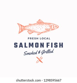Ssmoked and Grilled Salmon Abstract Vector Sign, Symbol or Logo Template. Hand Drawn Salmon Fish with Classy Retro Typography. Tongs and Knife Icon. Vintage Vector Emblem. Isolated.