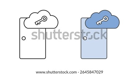 SSO login portal icon with door, key, and cloud, in outline and color styles, ideal for illustrating single sign-on access, centralized login systems, and cloud-based authentication workflows.
