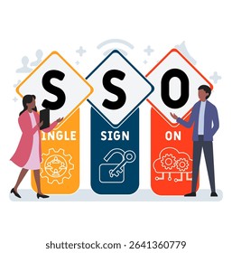 SSO single sign on acronym. business concept background. vector illustration concept with keywords and icons. lettering illustration with icons for web banner, flyer, landing pag