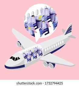
SSocial distancing chair space inside plane, for protect pandemic of virus Covid-19, COVID-19 Quarantine. Pandemic Coronavirus Reducing risk of infection, social distancing concept.
