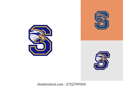 Logotipo de S-Sports con el ícono del águila inspirado en las universidades estadounidenses. Aislado sobre fondo blanco.
