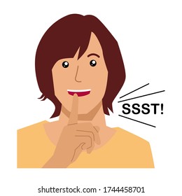 Ssst! Less talk, more action, woman making silence gesture with finger on lips. Vector flat illustration