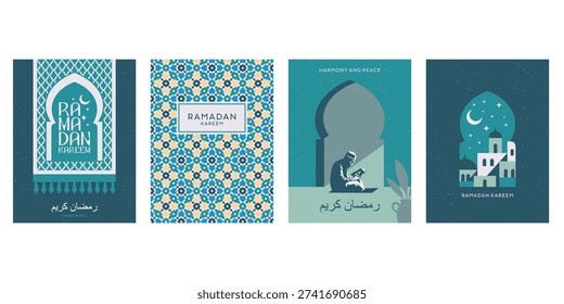 sstk eidmubarak. Set of Ramadan Kareem banner, poster, greeting card, cover design with mosque, building, crescent moon, Muslim women, pattern background and typography in flat geometric style.
