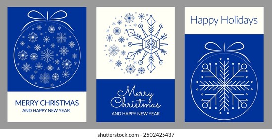 sstkchristmas Set of 3 Christmas cards with snowflaks and Christmas tree ball. White and bluein modern minimalist geometric style. Vector illustration EPS10
