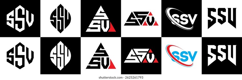 SSV letter logo design in six style. SSV polygon, circle, triangle, hexagon, flat and simple style with black and white color variation letter logo set in one artboard. SSV minimalist and classic logo