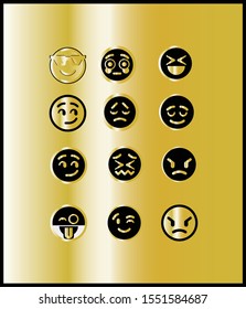 A st of 12 vector emoticons in gold and black.