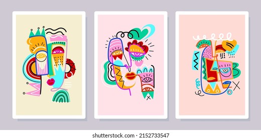 A st of abstract face portrait man.woman, person vector illustration. Colorful, various object,shapes, lines,dots,drops isolated on background.