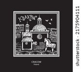 The St. Adalberts Church Underground in Krakow and a stylized Cracovian horse. Black and white hand drawn vector.