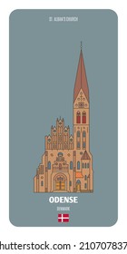 St. Alban's Church in Odense, Denmark. Architectural symbols of European cities. Colorful vector 