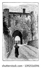 St. Alban's Monastery Gate, england, chapel, Christian, great, gate, minster, parish, place, vintage line drawing or engraving illustration