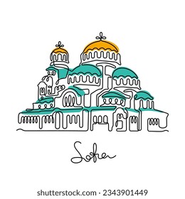 St. Alexander Nevsky Cathedral, Sofia. Continuous line colourful vector illustration.