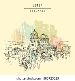 St. Alexander Nevsky Cathedral in Sofia, Bulgaria. Hand drawing in retro style. Travel sketch. Vintage touristic postcard, poster, calendar or book illustration in vector