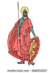 St. Alexander Nevsky prince of Novgorod in red, medieval knight, symbol of Saint Petersburg, color vector illustration with black ink lines isolated on a white background in cartoon & hand drawn style