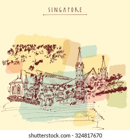 St Andrew's Cathedral, Singapore, Asia. Artistic hand-drawn travel sketch on paper. Architectural drawing. British colonial architecture. Travel handdrawn postcard or poster. Vector book illustration