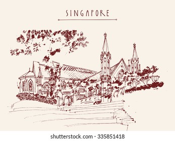 St Andrew's Cathedral, Singapore. Travel hand drawn postcard or poster with hand lettering. Vector illustration
