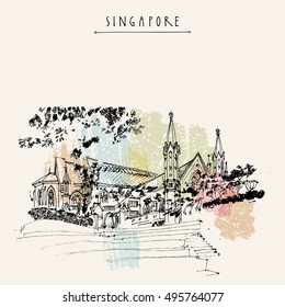 St Andrew's Cathedral, Singapore. Travel hand drawn postcard or poster with hand lettering

