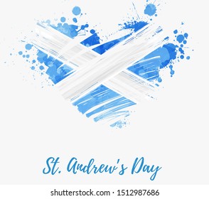 St. Andrew's day - national holiday in Scotland. Template for invitation, poster, flyer, banner, etc. Abstract watercolor splashes flag of Scotland in grunge heart shape