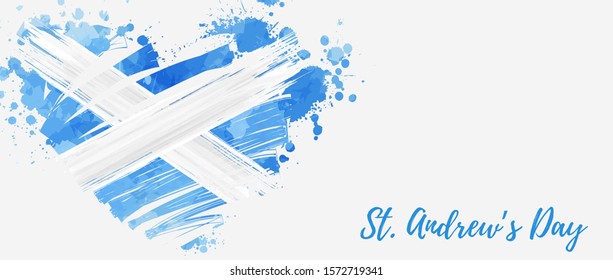 St. Andrew's day - national holiday in Scotland. Template for invitation, poster, flyer, banner, etc. Abstract watercolor splashes flag of Scotland in grunge heart shape