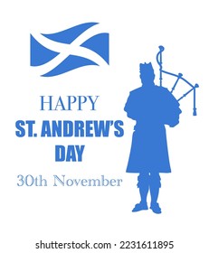 St. Andrew's day - National holiday in Scotland with Great Highland bagpipe.Template for invitation, poster, flyer, banner, flag of Scotland. Vector illustration