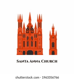 St. Anne's Church flat cartoon icon design template. It is a Roman Catholic church in Vilnius' Old Town. Beautiful church around old town. Worth to visit. World countries cities vacation travel