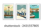 St. Anton, Austria. Vancouver, Canada. Weymouth Dorset - Set of 3 Vintage Travel Posters. Vector illustration. High Quality Prints