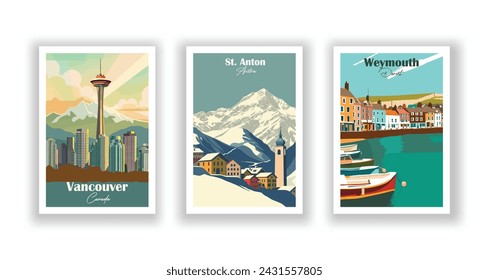 St. Anton, Austria. Vancouver, Canadá. Weymouth Dorset - Set de 3 Carteles de Viajes Vintage. Ilustración vectorial. Impresiones de alta calidad