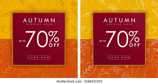 St de Autumn Sale tarjeta, fondo, banner, afiche o diseño de volante. Hasta un 70% de descuento con el botón de compra ahora CTA. Dibujo de elementos otoñales, hojas de arce, calabaza, bellota. Ilustración vectorial.