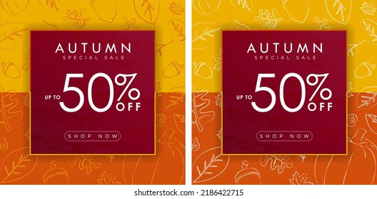 St of Autumn Sale card, background, banner, poster or flyer design. Up to 50% off discount with shop now CTA button. Drawing of autumn elements, maple leaves, pumpkin, acorn. Vector illustration.