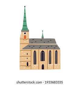St. Bartholomew's cathedral in Pilsen. Old Czech cathedral with tower. Ancient church in Plzen. Colored flat vector illustration of European historical landmark isolated on white background