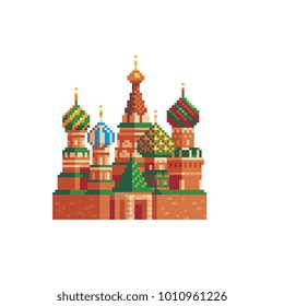 St. Basil cathedral on Red Square in Moscow. Russia tourism landmark. Pixel art icon. Stickers design. Isolated vector illustration.