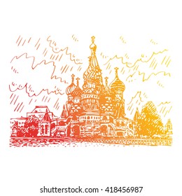 St. Basil Cathedral on Red Square in Moscow, Russia. Sketch by hand. Vector illustration. Engraving style