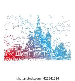 St  Basil Cathedral Red Square in Moscow  Russia  Sketch by hand  Vector illustration  Engraving style