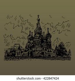 St. Basil Cathedral on Red Square in Moscow, Russia. Sketch by hand. Vector illustration. Engraving style