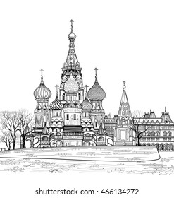 St Basil cathedral, towers and wall cityscape Russian famous place. Kremlin city view from Moscow river. Red square view, Moscow, Russia. Travel Russia vector illustration. 