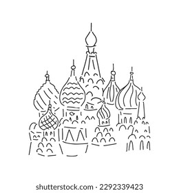 St. Basil 's Cathedral. Moscow map. Russian sights of Moscow. Cute doodle hand drawn black and white illustration