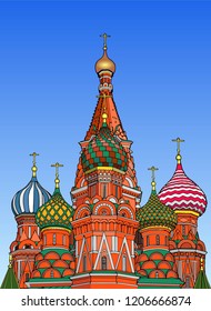 St. Basil's Cathedral architecture in the blue sky with colored domes