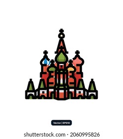 Catedral de San Basil en el ícono de la Plaza Roja. Iconos de viaje y destinos. Juego de iconos de vectores que representan los lugares turísticos globales y destinos de viaje para vacaciones.