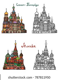 St Basils cathedral on Red Square in Moscow. Saint Petersburg, Church of the Saviour on Spilled Blood. Russian architecture. Color with black and white vector illustration of famous buildings.