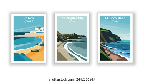 St Bees Head, Cumbria. St Brelades Bay, Jersey. St Ives, Cornwall - Set of 3 Vintage Travel Posters. Vector illustration. High Quality Prints