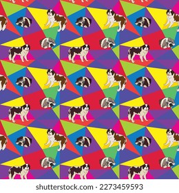 St Bernard dog on a mosaic geometric background. Funky, colorful vibe, rainbow colors palette. Simple, clean, modern texture. Geometric, polygon style. Summer seamless pattern with dogs.Triangles.
