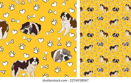 St Bernard dog on a playful yellow background with bones and paws. Funky, colorful vibe, vibrant palette. Simple, clean, modern texture. Summer seamless pattern with dogs. Birthday present. Card.