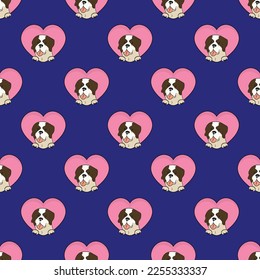 St Bernard dog with paws pattern, Valentine's day heart wallpaper. Love heart with pet head holiday texture. Dog face Holding Heart Cartoon square background. St Valentine's day present paper.
