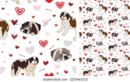 St Bernard dog Valentine's day heart wallpaper. Love doodles hearts with pets holiday texture. square background, repeatable pattern. St Valentine's day wallpaper, valentine present, print tiles.