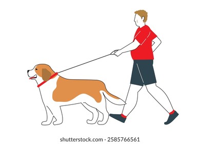 St. Bernard, dog walking, simple illustration of a fat man walking Flat design with main lines