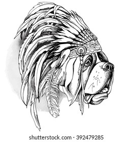 St. Bernard portrait in the Indian Feather Headdress. Vector illustration.