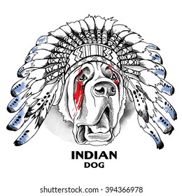 St. Bernard portrait in a Indian Feather Headdress. Vector illustration.