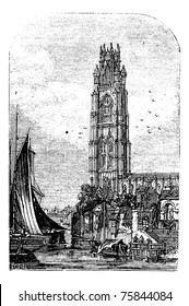 St Botolph's Church, Boston, Lincolnshire, England, UK vintage engraving.  Old engraved illustration of building exterior