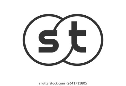 ST business company emblem with outline rounds and letters s t. Logo template of two merged circles for brand identity, logotype. Vector Infinity symbol  and technology sign.